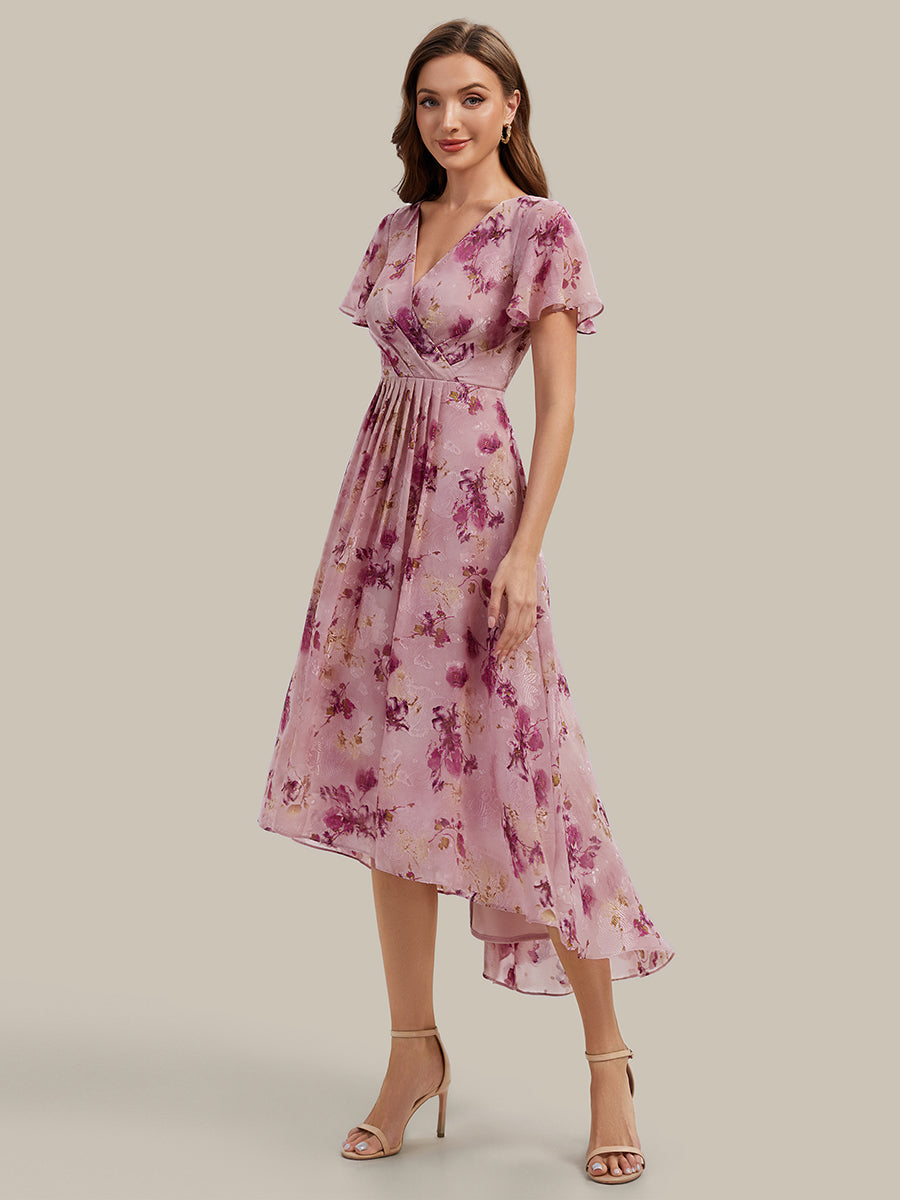 Printed Chiffon Ruffle Sleeve Wedding Guest Dress