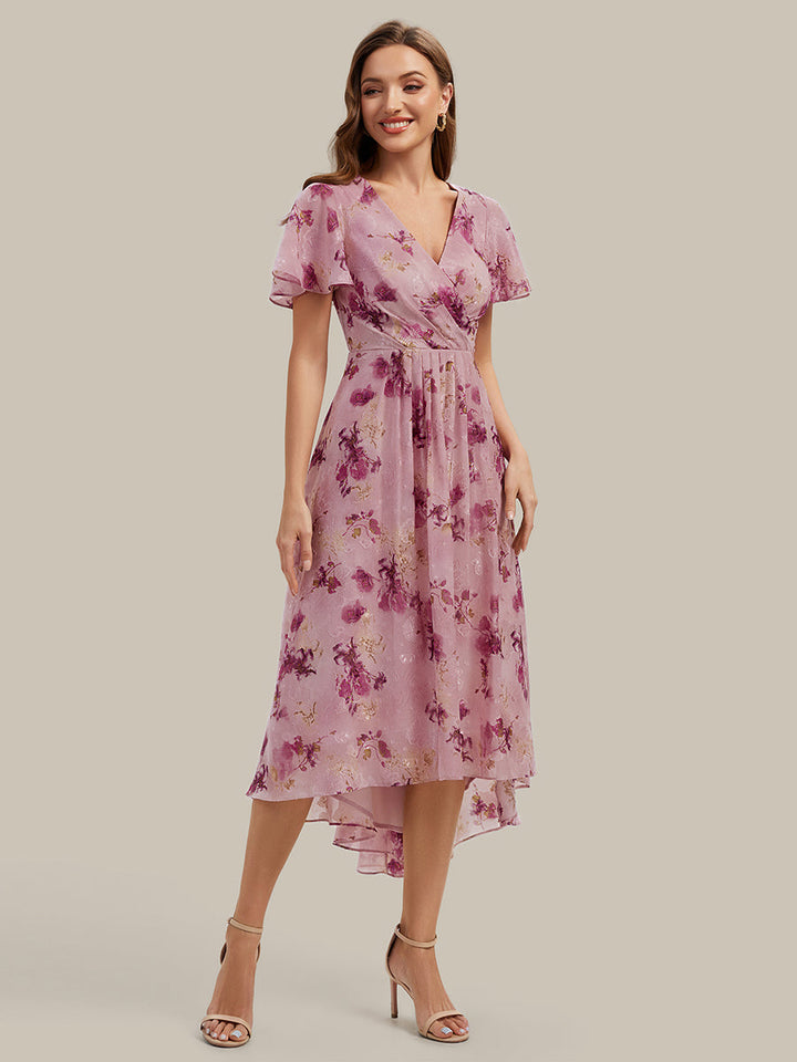 Printed Chiffon Ruffle Sleeve Wedding Guest Dress