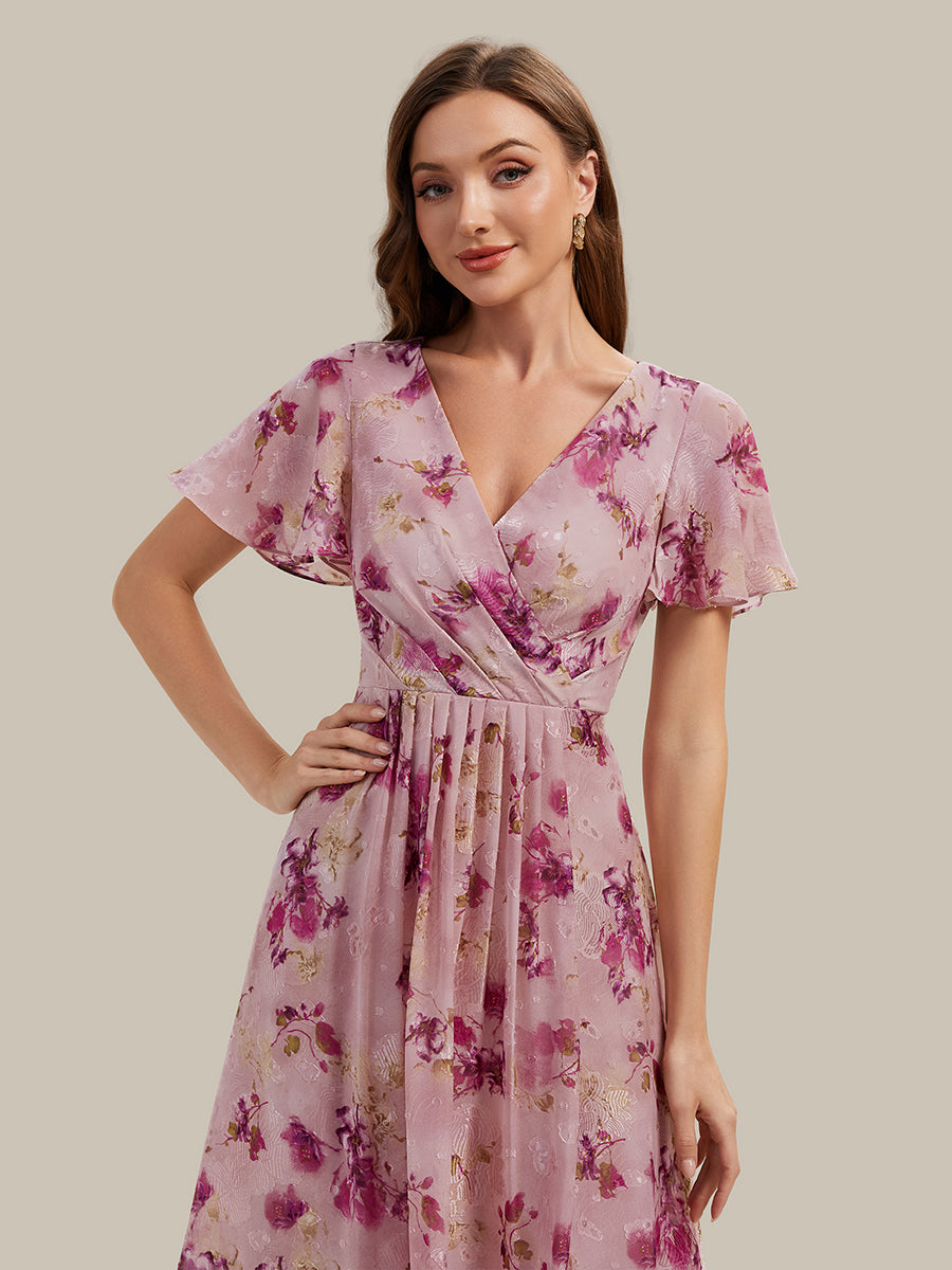 Printed Chiffon Ruffle Sleeve Wedding Guest Dress