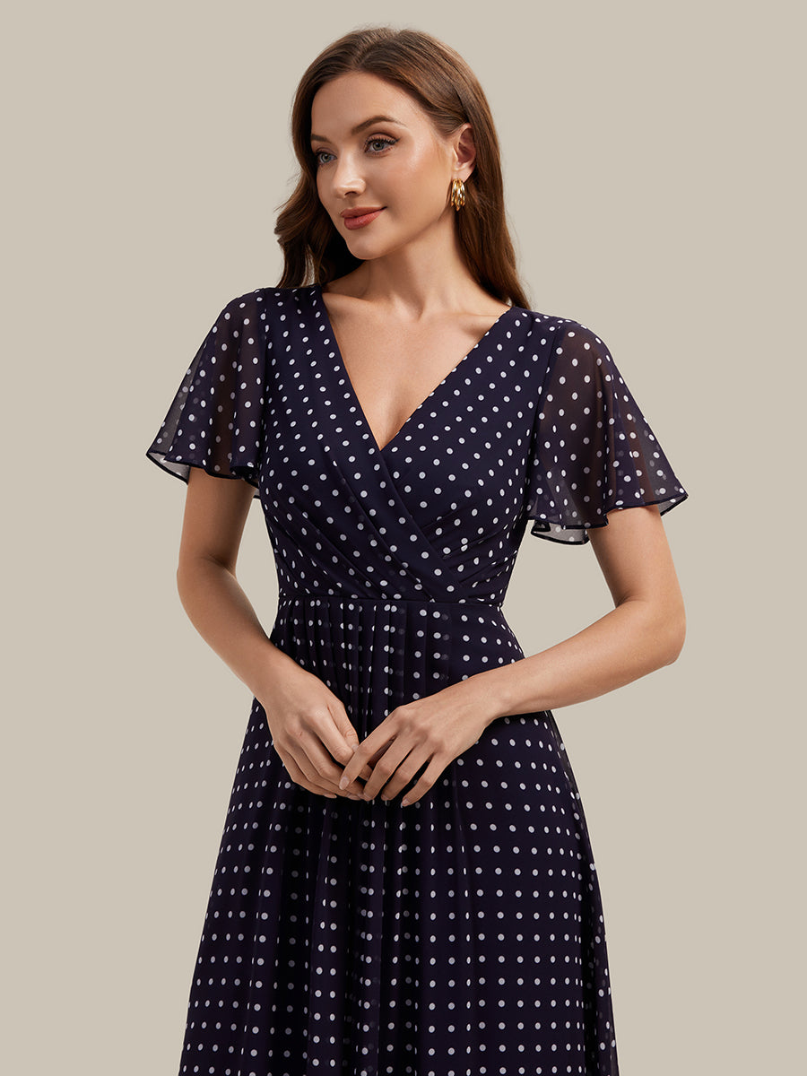 Printed Chiffon Ruffle Sleeve Wedding Guest Dress