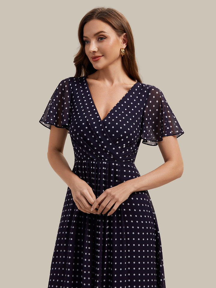 Printed Chiffon Ruffle Sleeve Wedding Guest Dress
