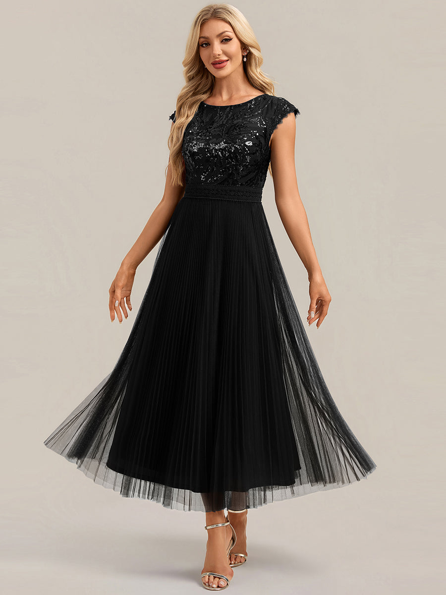 See-through Glitter Cap Sleeve A-Line Wedding Guest Dress