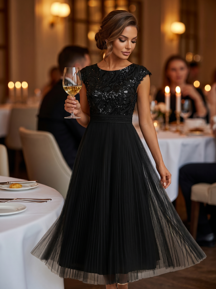 See-through Glitter Cap Sleeve A-Line Wedding Guest Dress