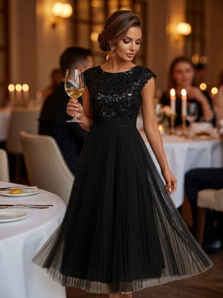 See-through Glitter Cap Sleeve A-Line Wedding Guest Dress