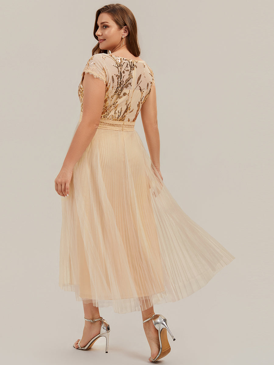 See-through Glitter Cap Sleeve A-Line Wedding Guest Dress