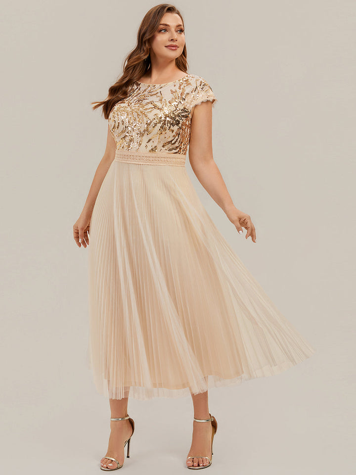 See-through Glitter Cap Sleeve A-Line Wedding Guest Dress