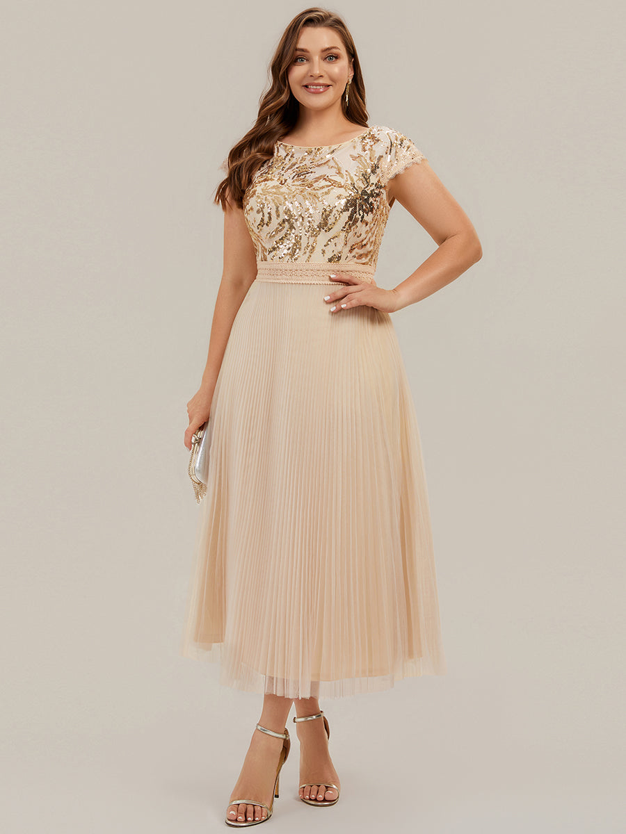 See-through Glitter Cap Sleeve A-Line Wedding Guest Dress