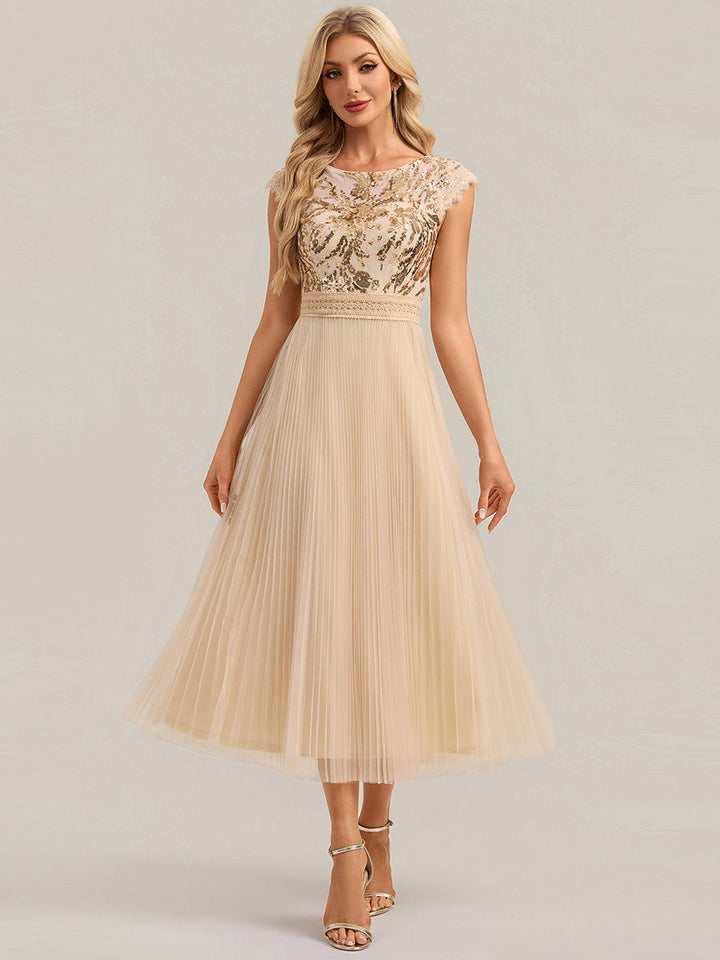 See-through Glitter Cap Sleeve A-Line Wedding Guest Dress