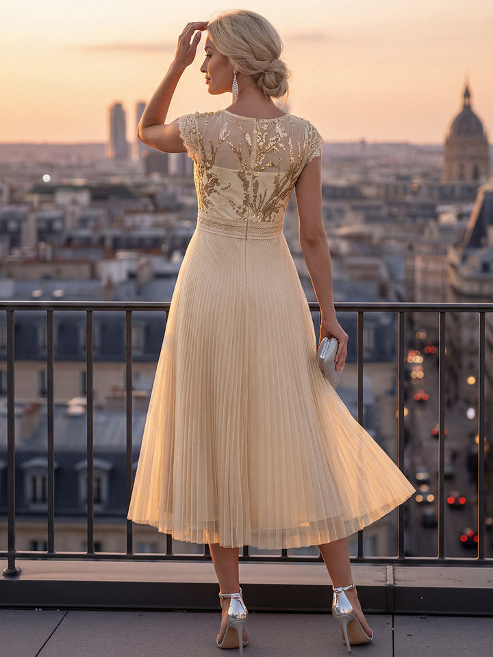 See-through Glitter Cap Sleeve A-Line Wedding Guest Dress