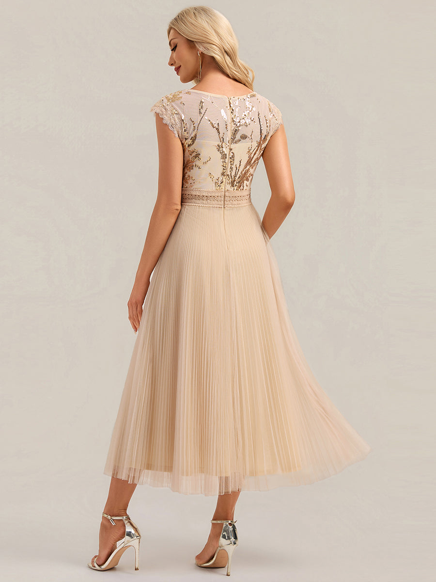 See-through Glitter Cap Sleeve A-Line Wedding Guest Dress