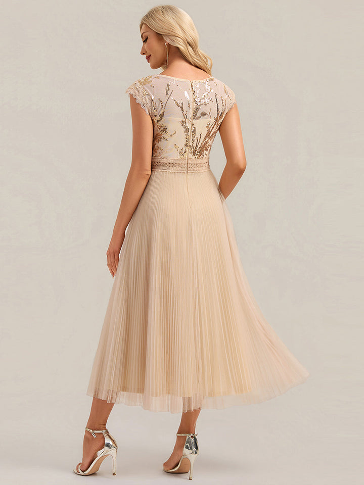 See-through Glitter Cap Sleeve A-Line Wedding Guest Dress
