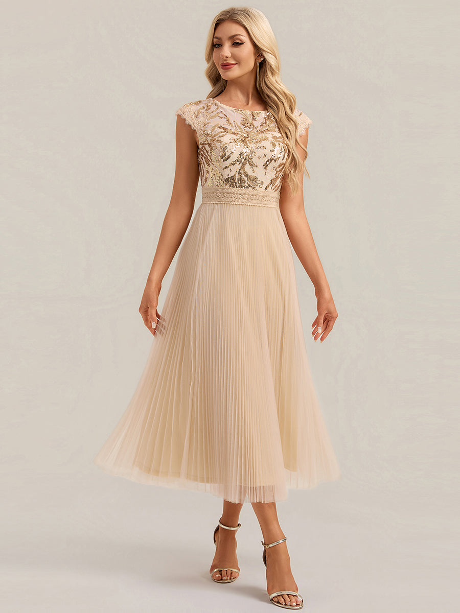 See-through Glitter Cap Sleeve A-Line Wedding Guest Dress