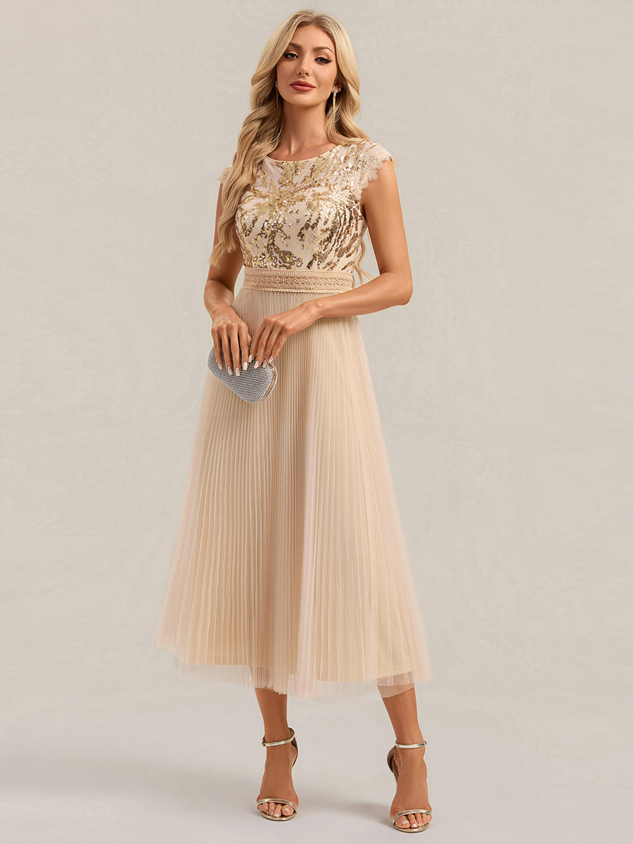 See-through Glitter Cap Sleeve A-Line Wedding Guest Dress