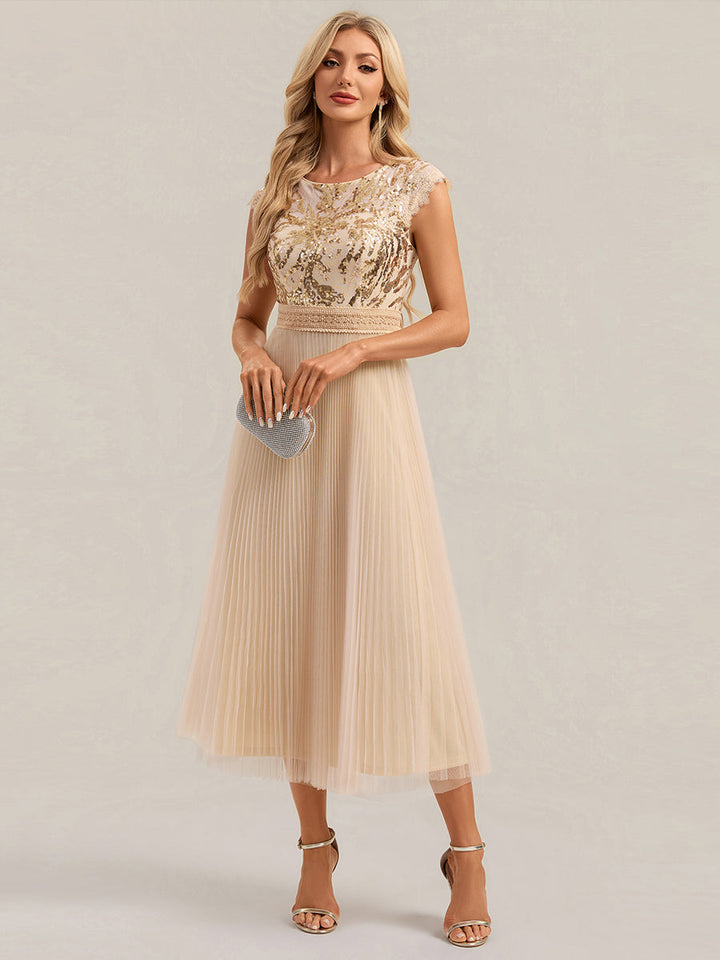 See-through Glitter Cap Sleeve A-Line Wedding Guest Dress