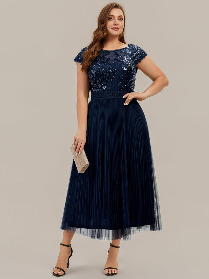 See-through Glitter Cap Sleeve A-Line Wedding Guest Dress