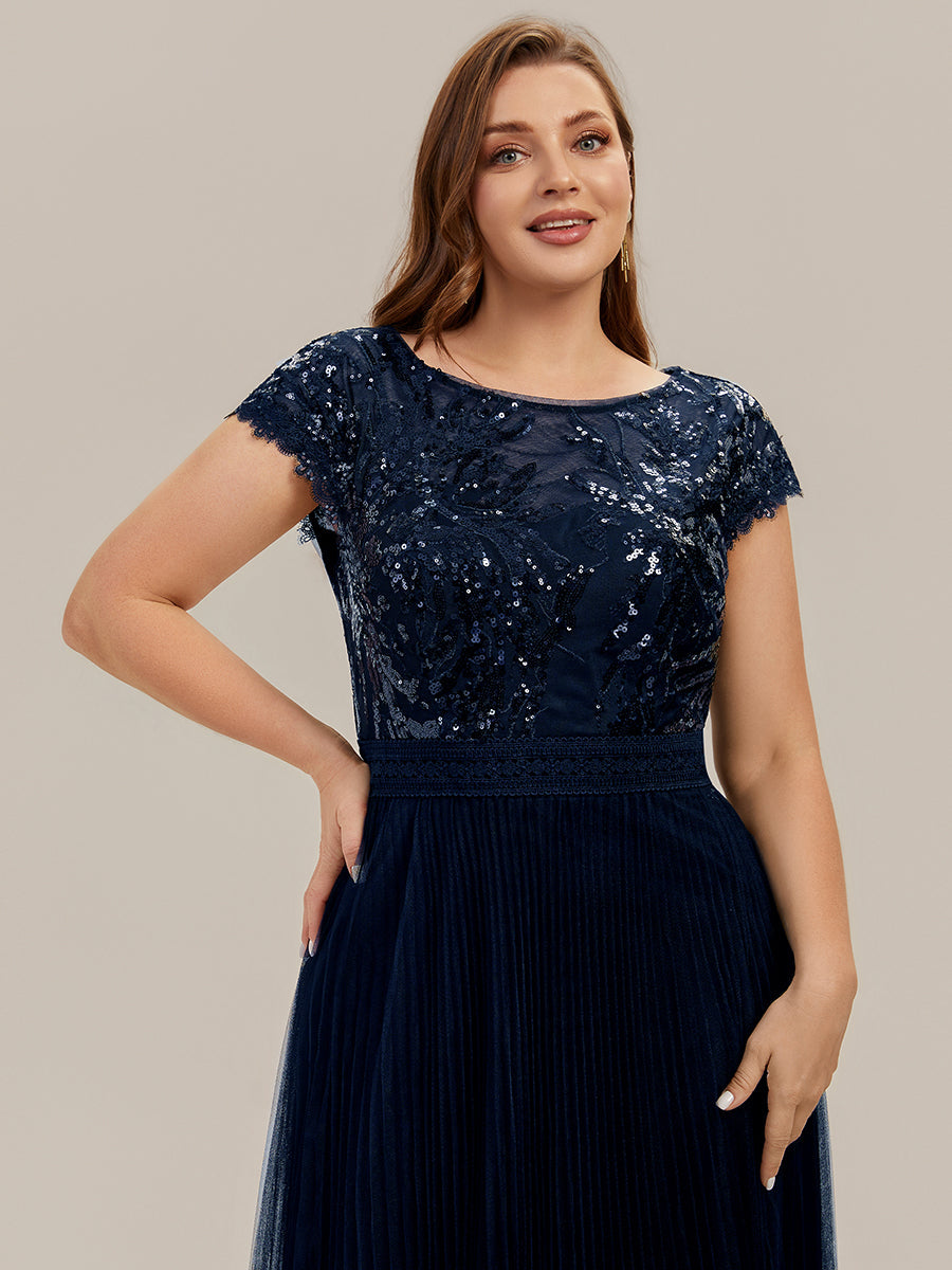 See-through Glitter Cap Sleeve A-Line Wedding Guest Dress