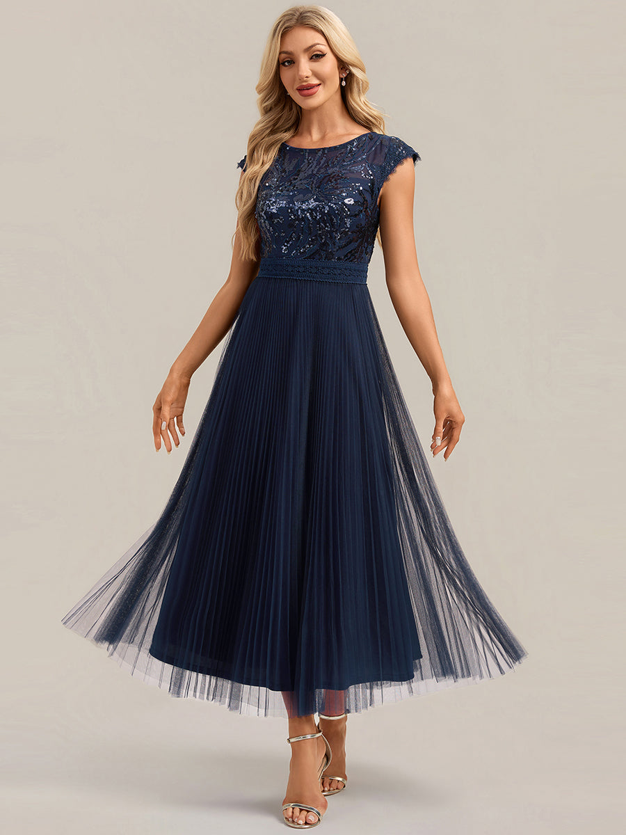 See-through Glitter Cap Sleeve A-Line Wedding Guest Dress
