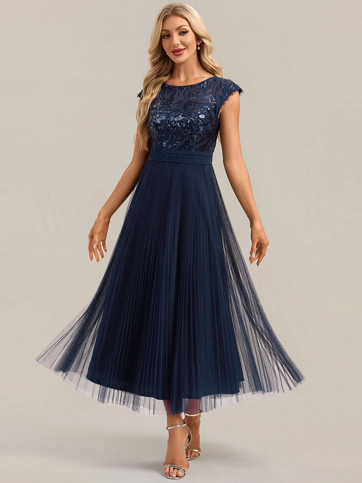 See-through Glitter Cap Sleeve A-Line Wedding Guest Dress