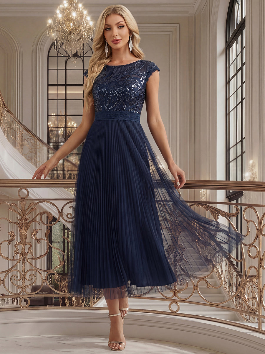See-through Glitter Cap Sleeve A-Line Wedding Guest Dress