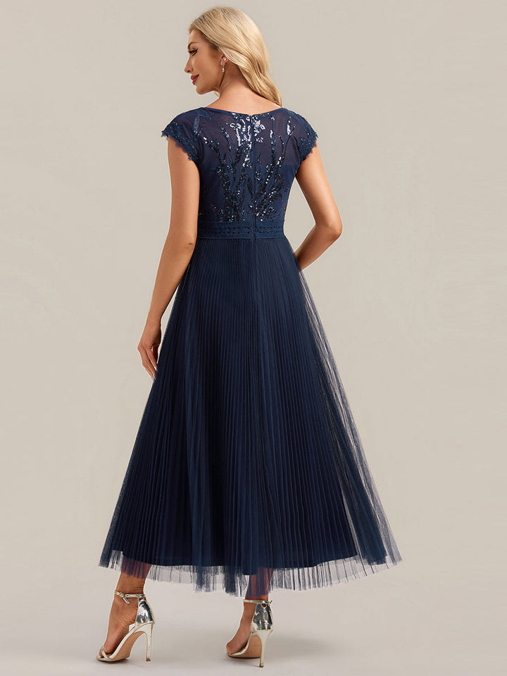 See-through Glitter Cap Sleeve A-Line Wedding Guest Dress