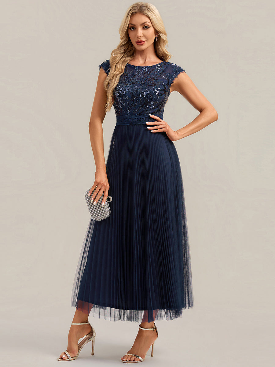 See-through Glitter Cap Sleeve A-Line Wedding Guest Dress