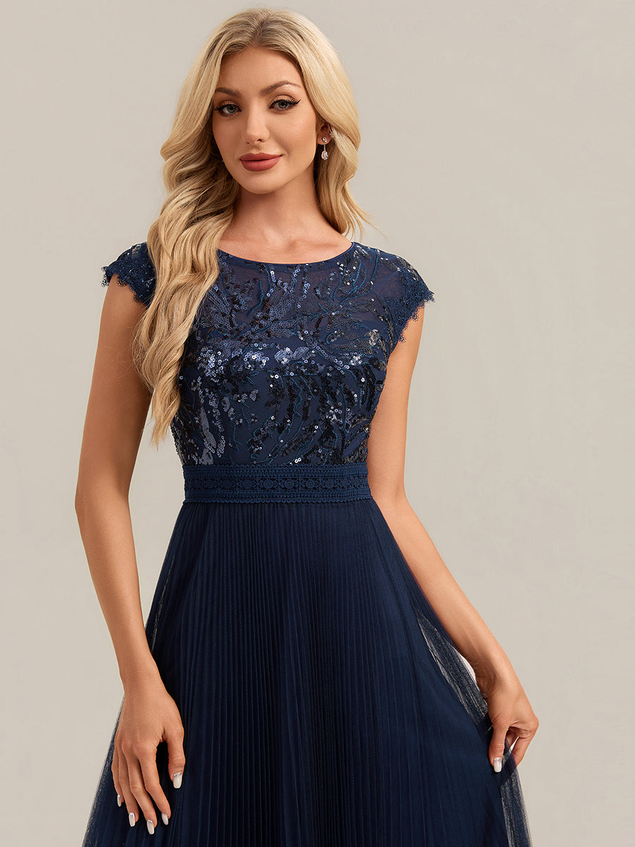 See-through Glitter Cap Sleeve A-Line Wedding Guest Dress