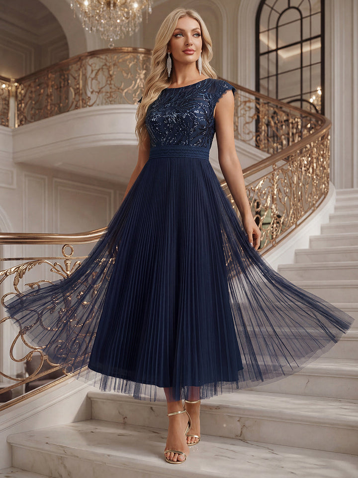 See-through Glitter Cap Sleeve A-Line Wedding Guest Dress