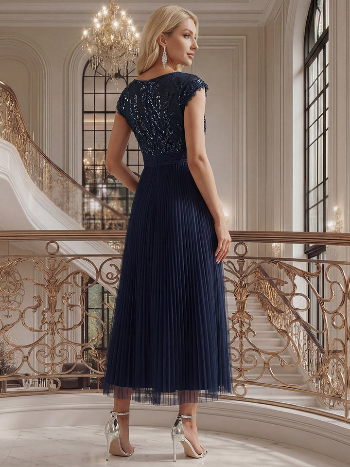 See-through Glitter Cap Sleeve A-Line Wedding Guest Dress
