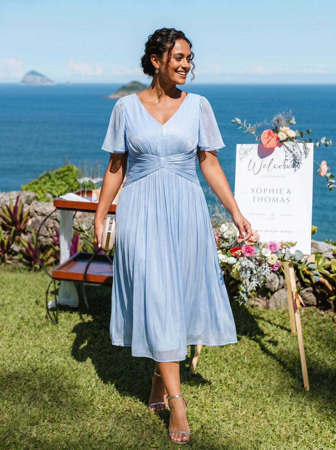 Plus Size Gathered Sea-island Wedding Guest Dress