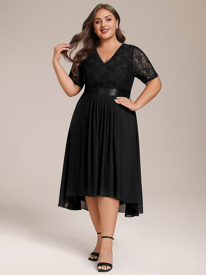 ever JOLEN|Half Sleeve Pleated V-Neck Lace Midi Wedding Guest Dress