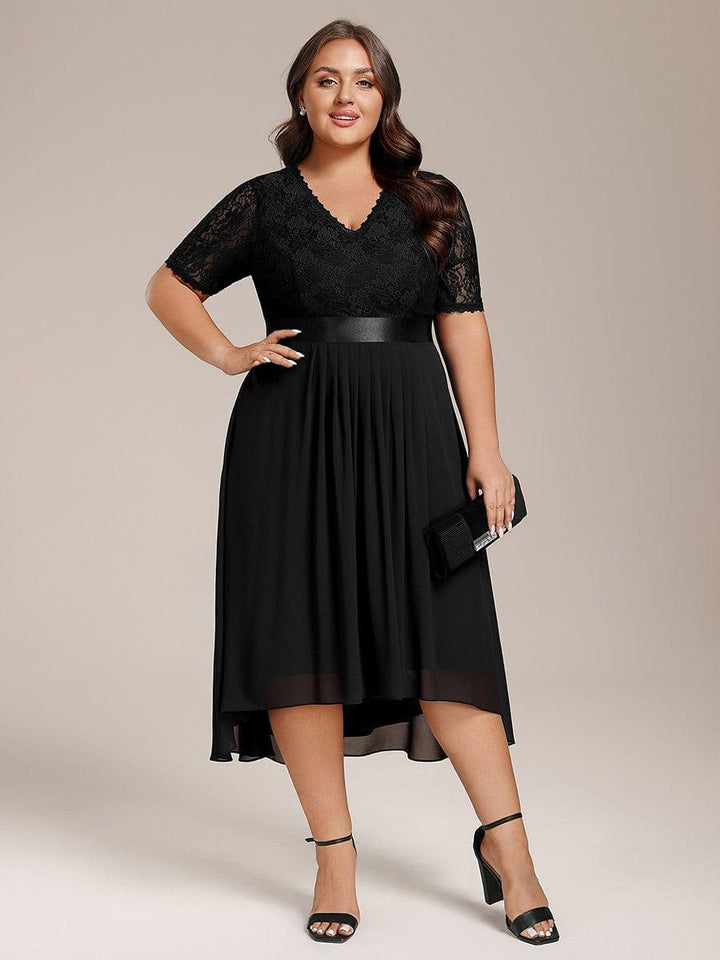pretty JOLEN|Plus Size Half Sleeve Lace Pleated V-Neck Midi Wedding Guest Dress
