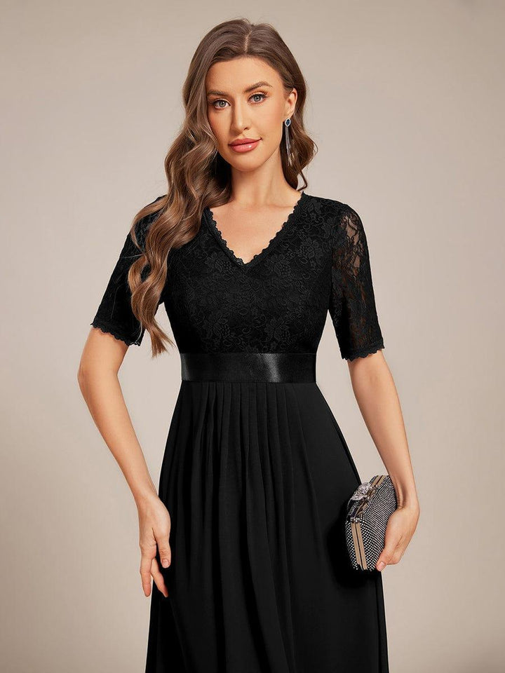 ever JOLEN|Half Sleeve Pleated V-Neck Lace Midi Wedding Guest Dress