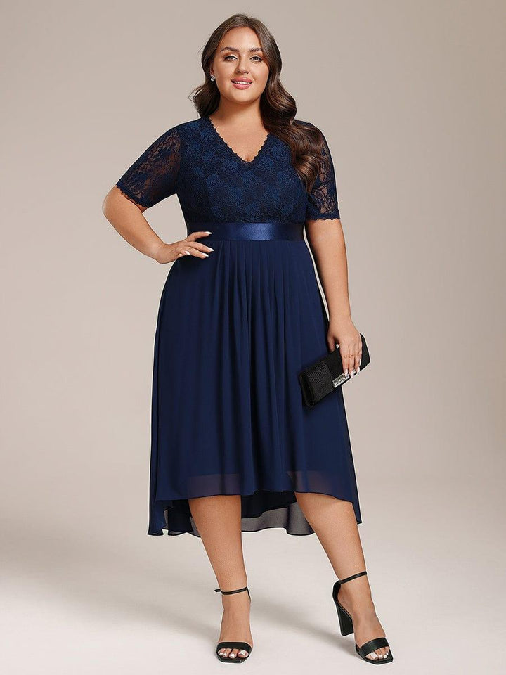 pretty JOLEN|Plus Size Half Sleeve Lace Pleated V-Neck Midi Wedding Guest Dress