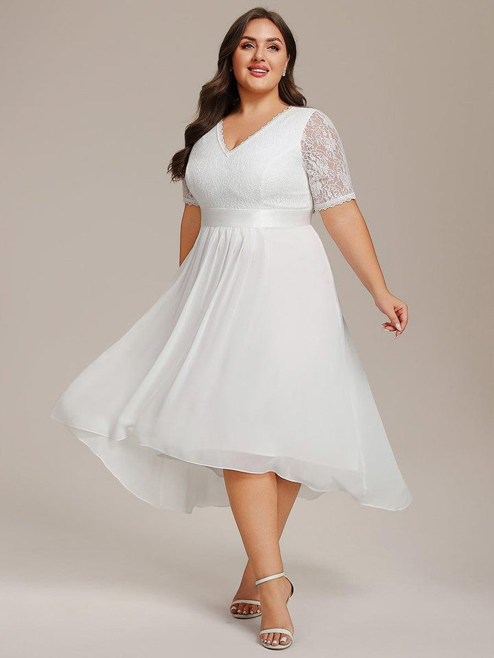 ever JOLEN|Half Sleeve Pleated V-Neck Lace Midi Wedding Guest Dress