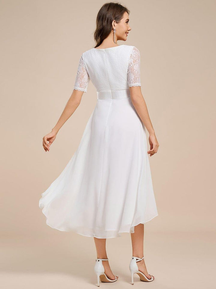 ever JOLEN|Half Sleeve Pleated V-Neck Lace Midi Wedding Guest Dress