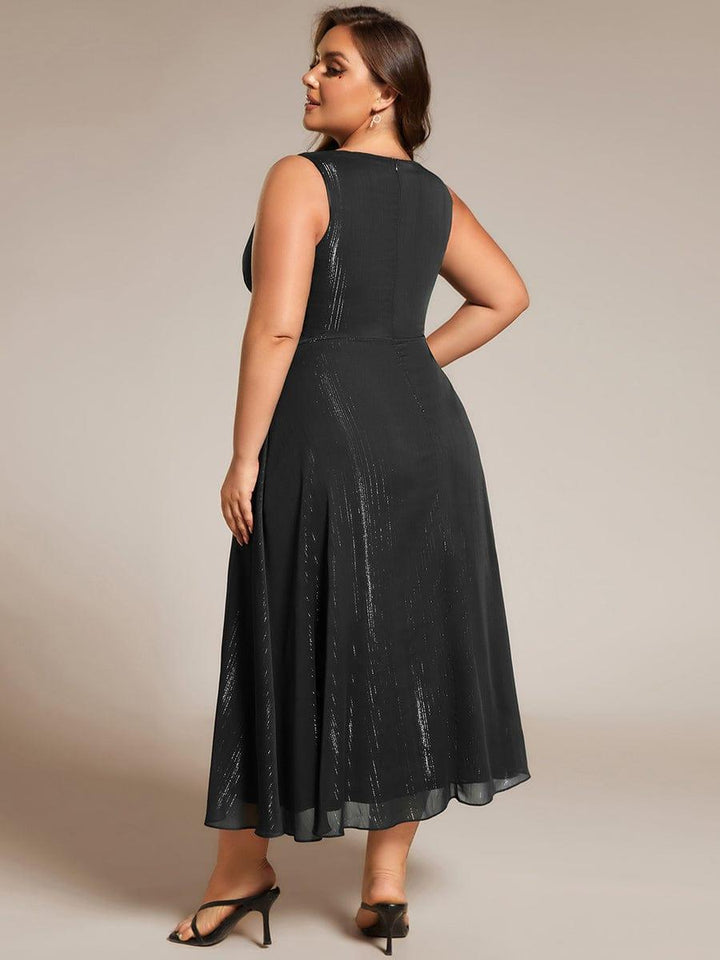 pretty MEI|Plus Size Sleeveless Glittery Ruffled V-Neck Midi Wedding Guest Dress