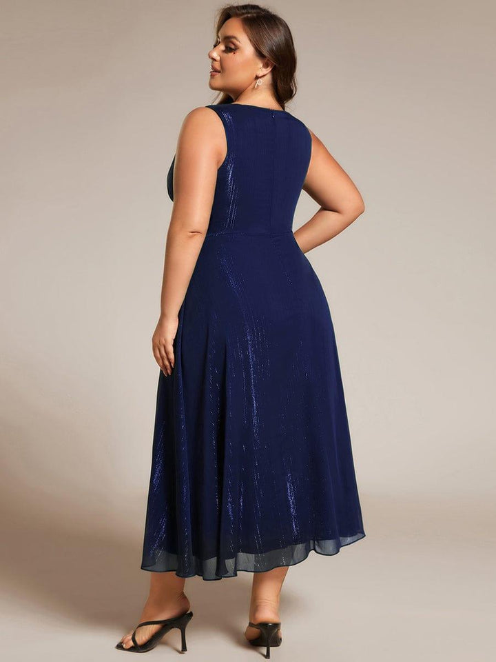 ever MEI|Glitter Sleeveless A-Line Midi Wedding Guest Dress with Ruffled Hem