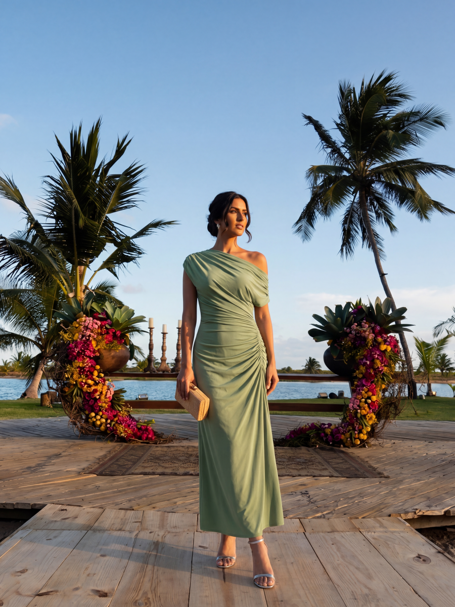 Polka Dot Drop Shoulder Sleeve Wedding Guest Dress