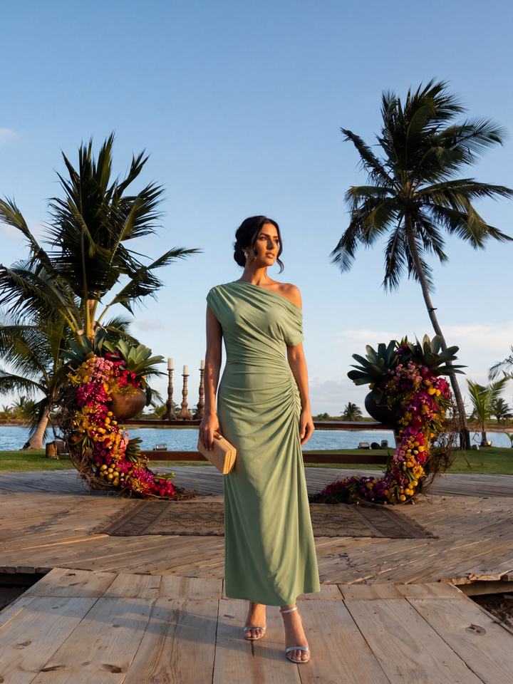 Polka Dot Drop Shoulder Sleeve Wedding Guest Dress