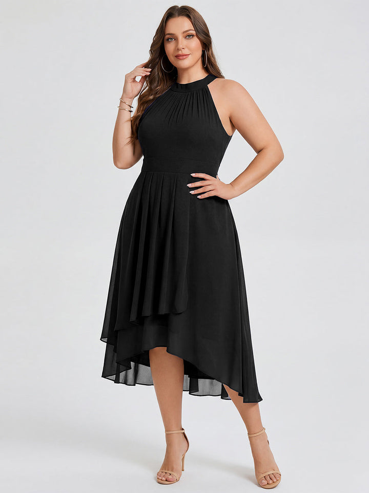 ever POSIE|Midi Halter Neck Chiffon Wedding Guest Dress with Sleeveless and A-Line