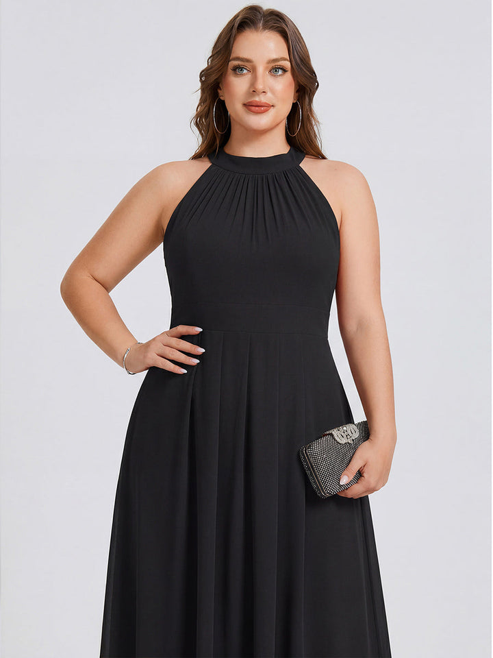 pretty POSIE|Flowy Plus Size Halter Neck Chiffon Midi Wedding Guest Dress