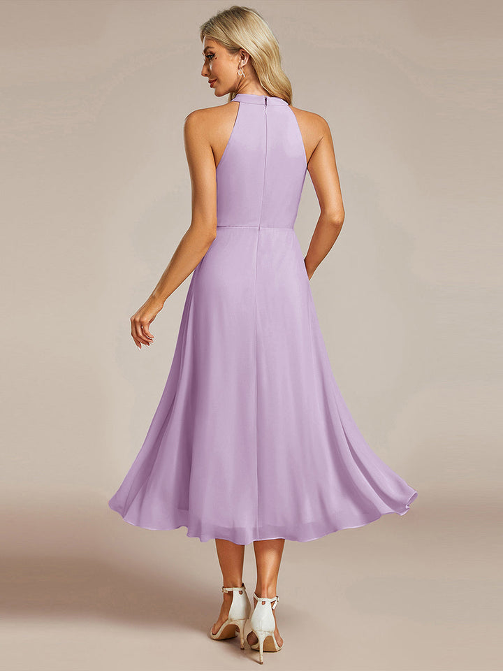 ever POSIE|Midi Halter Neck Chiffon Wedding Guest Dress with Sleeveless and A-Line