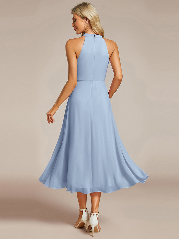 ever POSIE|Midi Halter Neck Chiffon Wedding Guest Dress with Sleeveless and A-Line