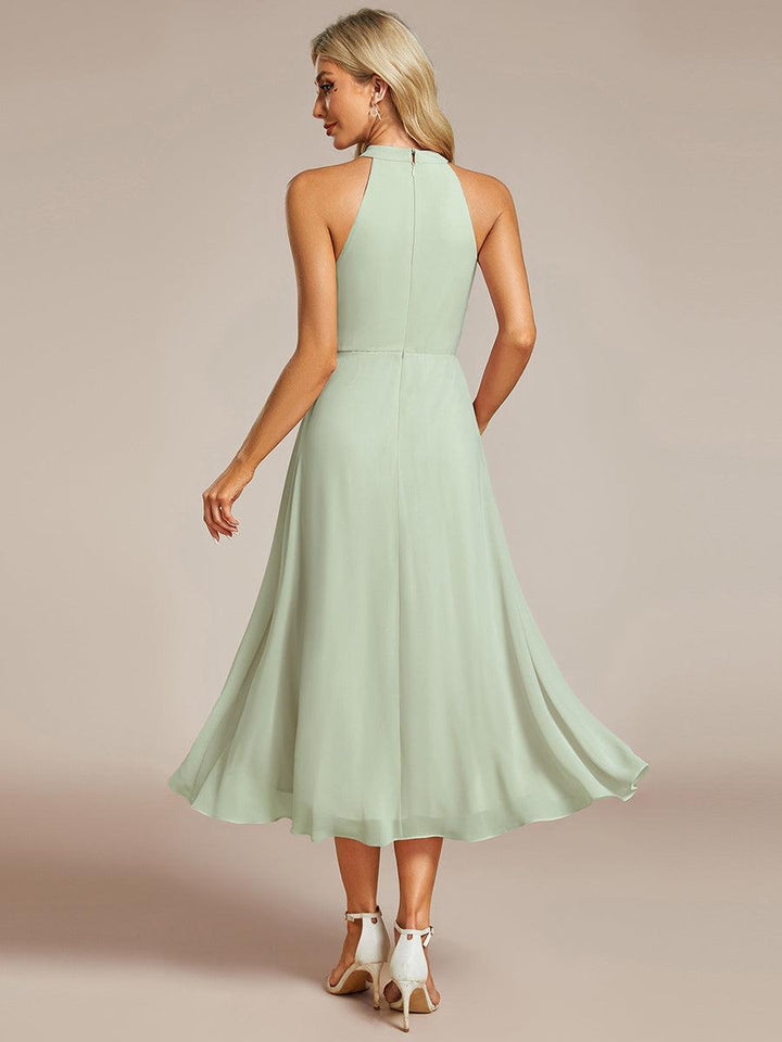 ever POSIE|Midi Halter Neck Chiffon Wedding Guest Dress with Sleeveless and A-Line