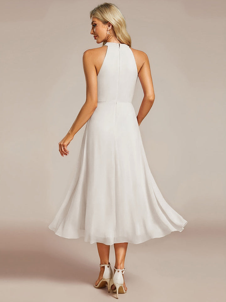 ever POSIE|Midi Halter Neck Chiffon Wedding Guest Dress with Sleeveless and A-Line