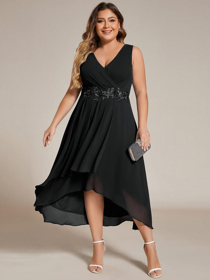 pretty IRYS|Sleeveless V-Neck High Low Plus Size Wedding Guest Dress with Floral Applique