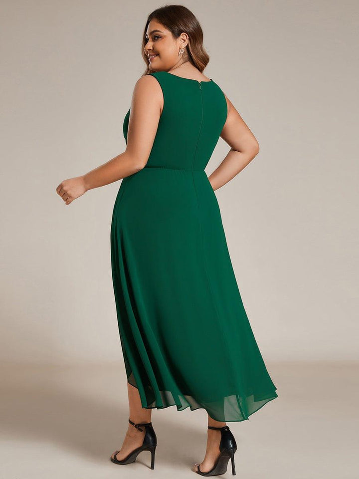 pretty IRYS|Sleeveless V-Neck High Low Plus Size Wedding Guest Dress with Floral Applique