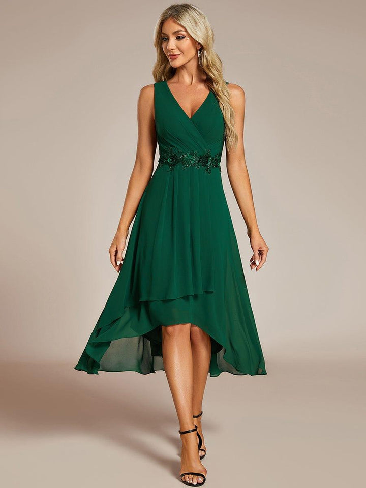 ever IRYS|Sleeveless V-Neck High Low Wedding Guest Dress with Floral Applique