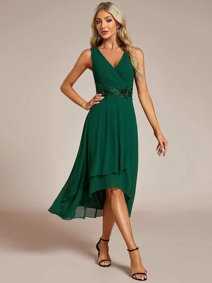 ever IRYS|Sleeveless V-Neck High Low Wedding Guest Dress with Floral Applique