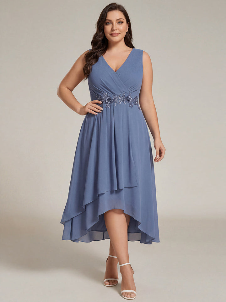 pretty IRYS|Sleeveless V-Neck High Low Plus Size Wedding Guest Dress with Floral Applique